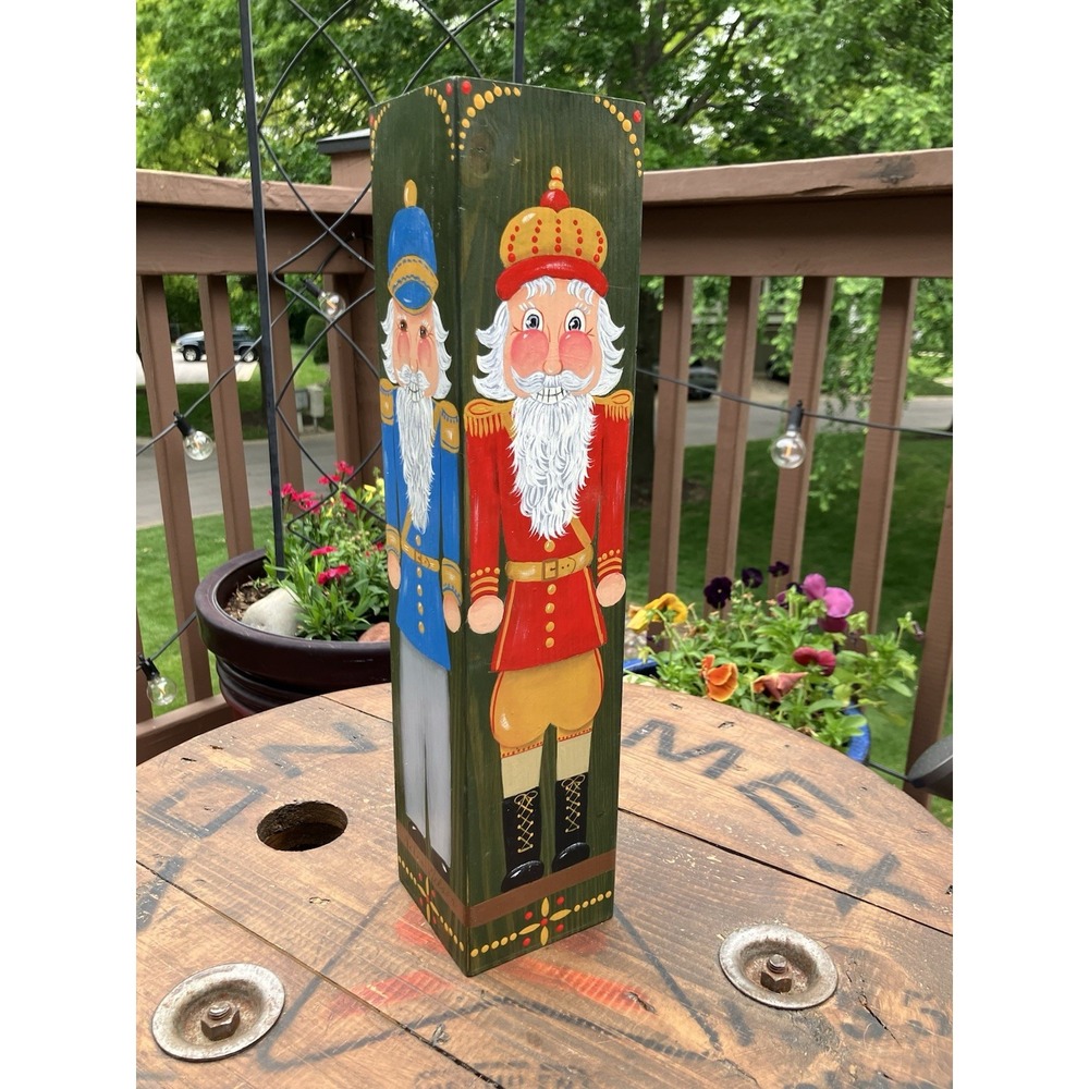 Hand Painted Folk Art Nutcracker Wood Block Sculpture Signed 15" Christmas Decor